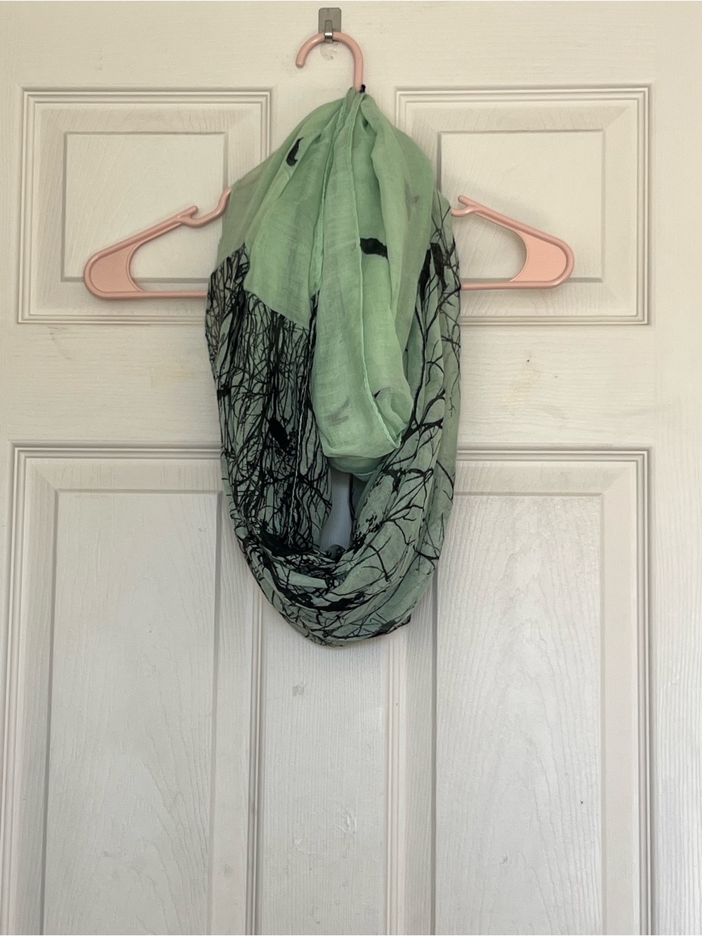 Mint Green Infinity Scarf with Black Crows and Branch Print